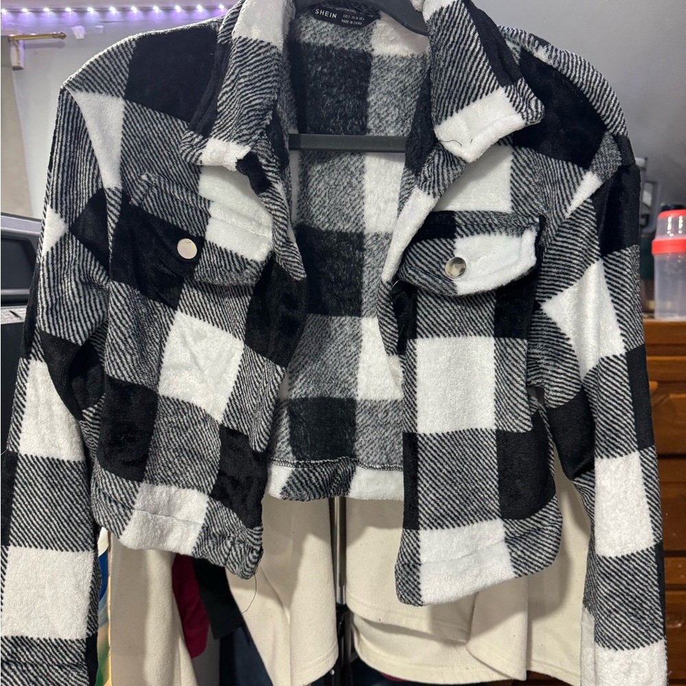 SHEIN Black and White Checkered Teddy Jacket